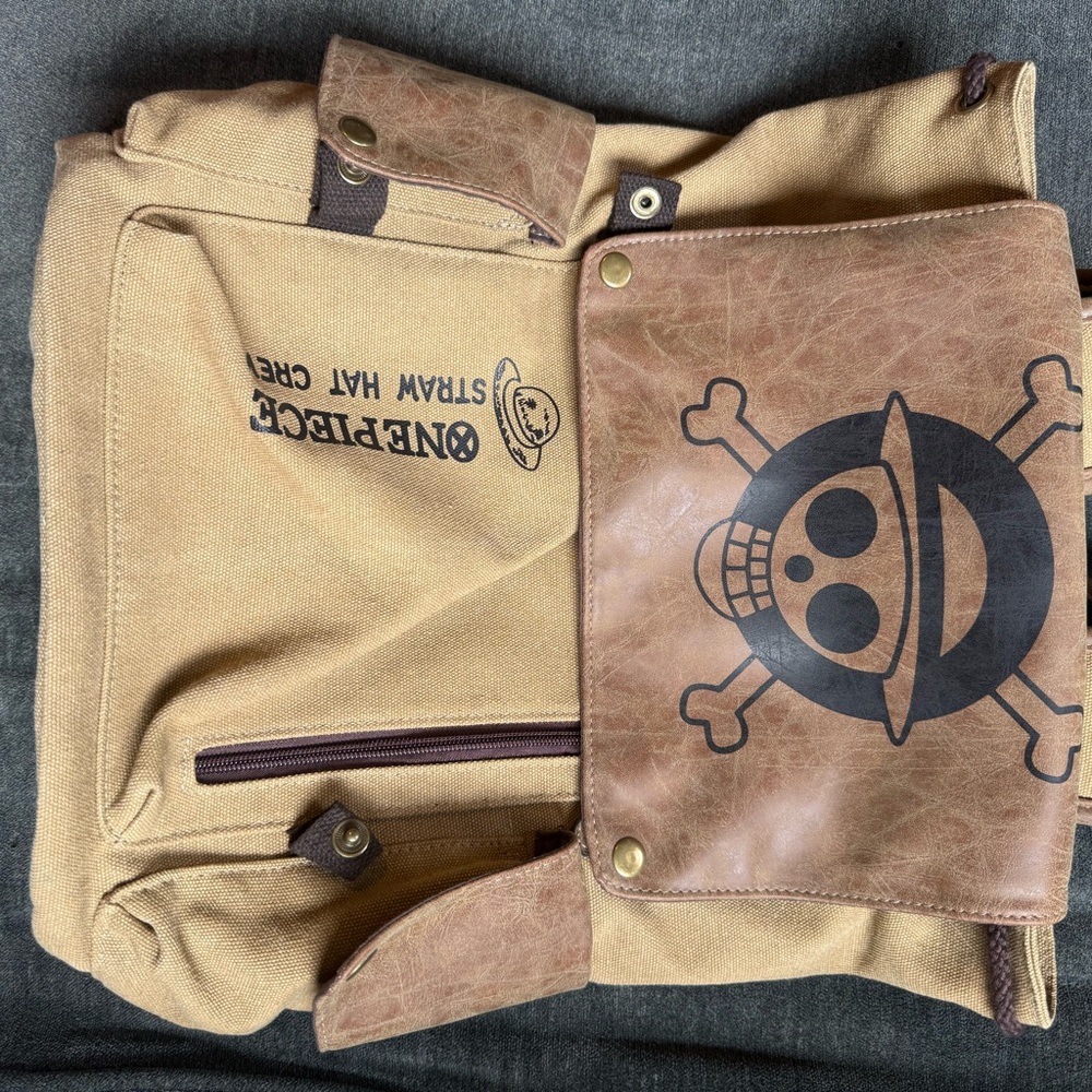 Onepiece Tan Canvas Backpack with Brown Faux Leather Flap
